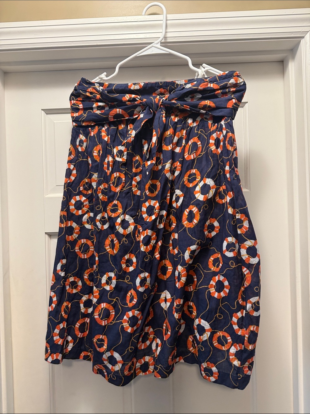Celandine/Anthropologie Strapless Navy Dress with Orange & White Lifebuoy Print - Picture 7 of 7
